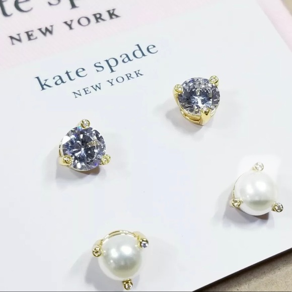 Kate Spade Classic Stud Earrings Set - Silver CZ and Glass Pearl - New